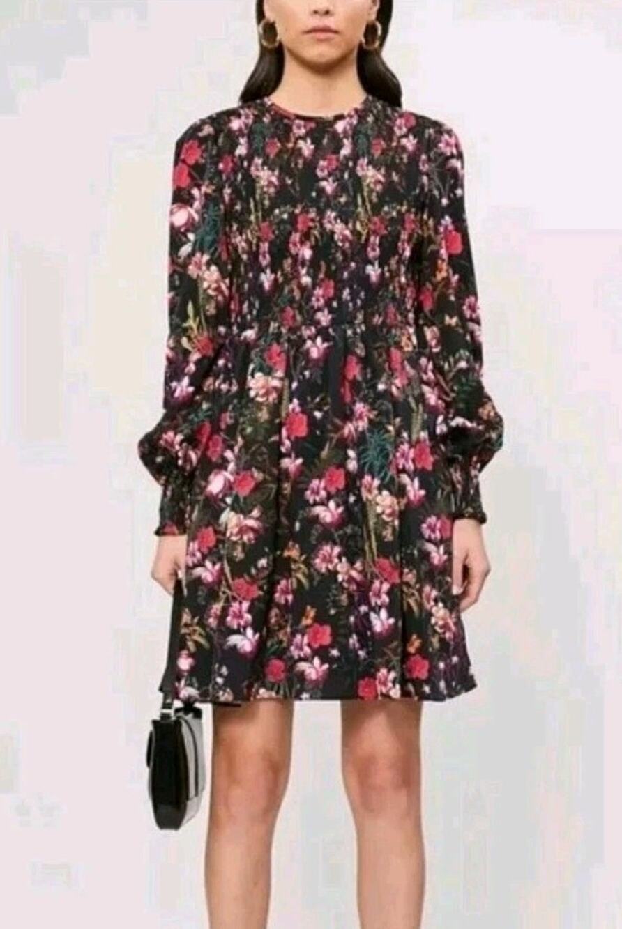 TED BAKER Aerrin Dress Long Sleeve Smocked Fern Forest Women Size 2 Excellent